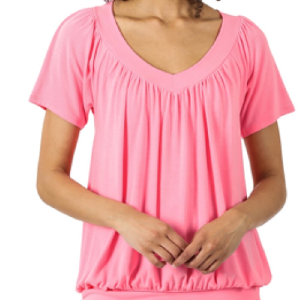 Zenana v-neck short sleeve shirring top *PINK*